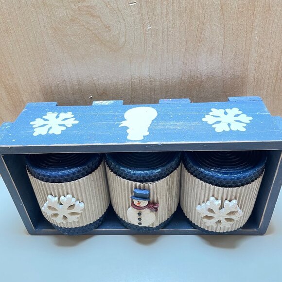 Decorative Wooden Blue Snowman & Snowflake Candle Holder Set With 3 Textured Blu - Picture 2 of 12